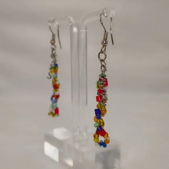Multi-Colour Seed Bead Dangle Earrings 925 Hooks - Picture 2 of 8